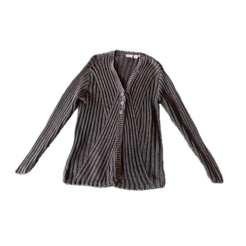 Vintage 90s Easy Style Ribbed Cardigan Sweater Gray Ramie Cotton Blend Sz M Fall